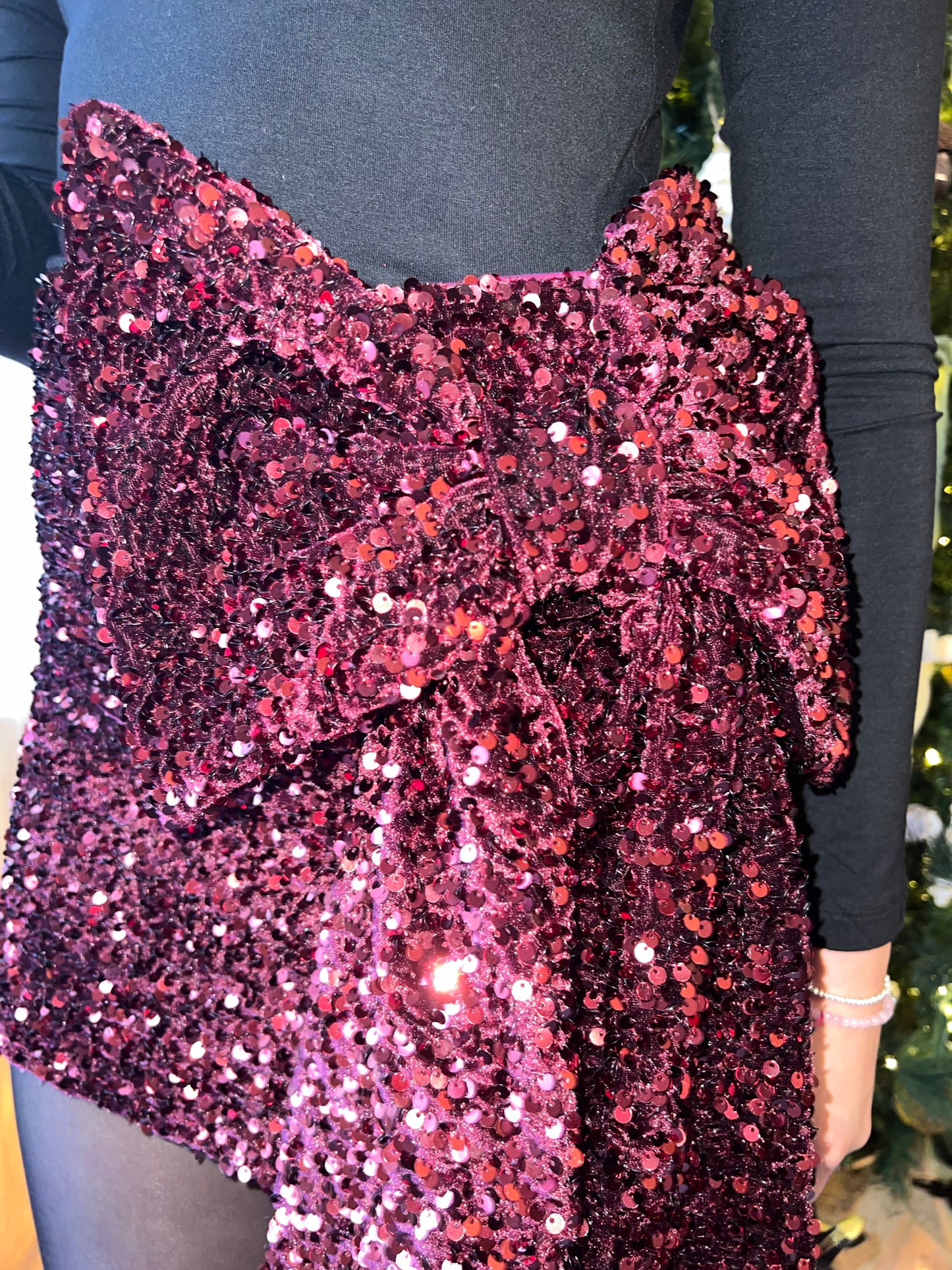 Burgundy sequin skirt.