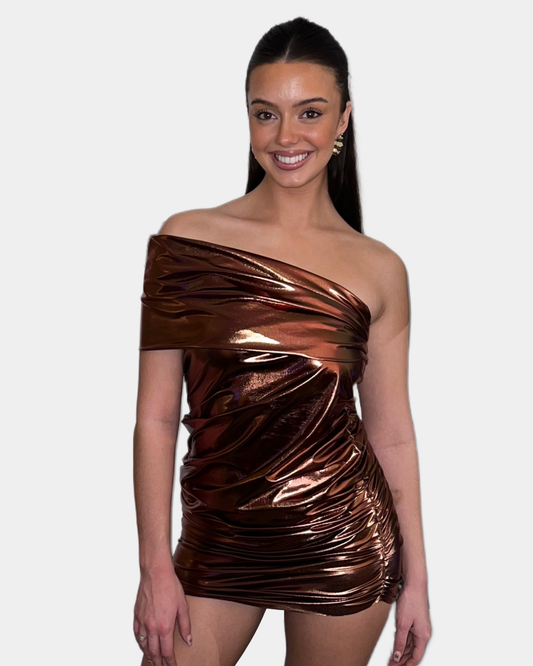 Metallic Crushed One Shoulder Dress